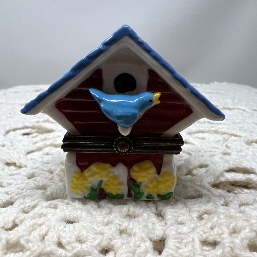 Porcelain Hinged Trinket Box Blue Bird House Midwest of Cannon Falls